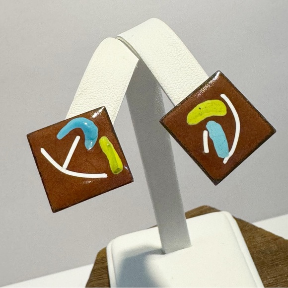 Vintage enamel on copper abstract square screwback earrings - Picture 1 of 7